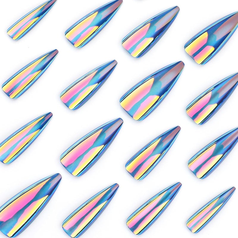 SINHOT Stiletto Press on Nails Long - Long Fake Nails, Glossy Finish, Blue Cat Eye & Chrome, DIY Artificial False Nail Art - 24 Pcs Nail Kit with Glue - Image 3